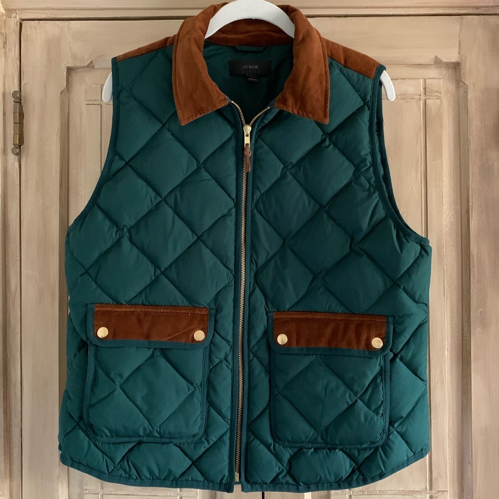 J Crew Rare Puffer Vest Green with Brown Corduroy